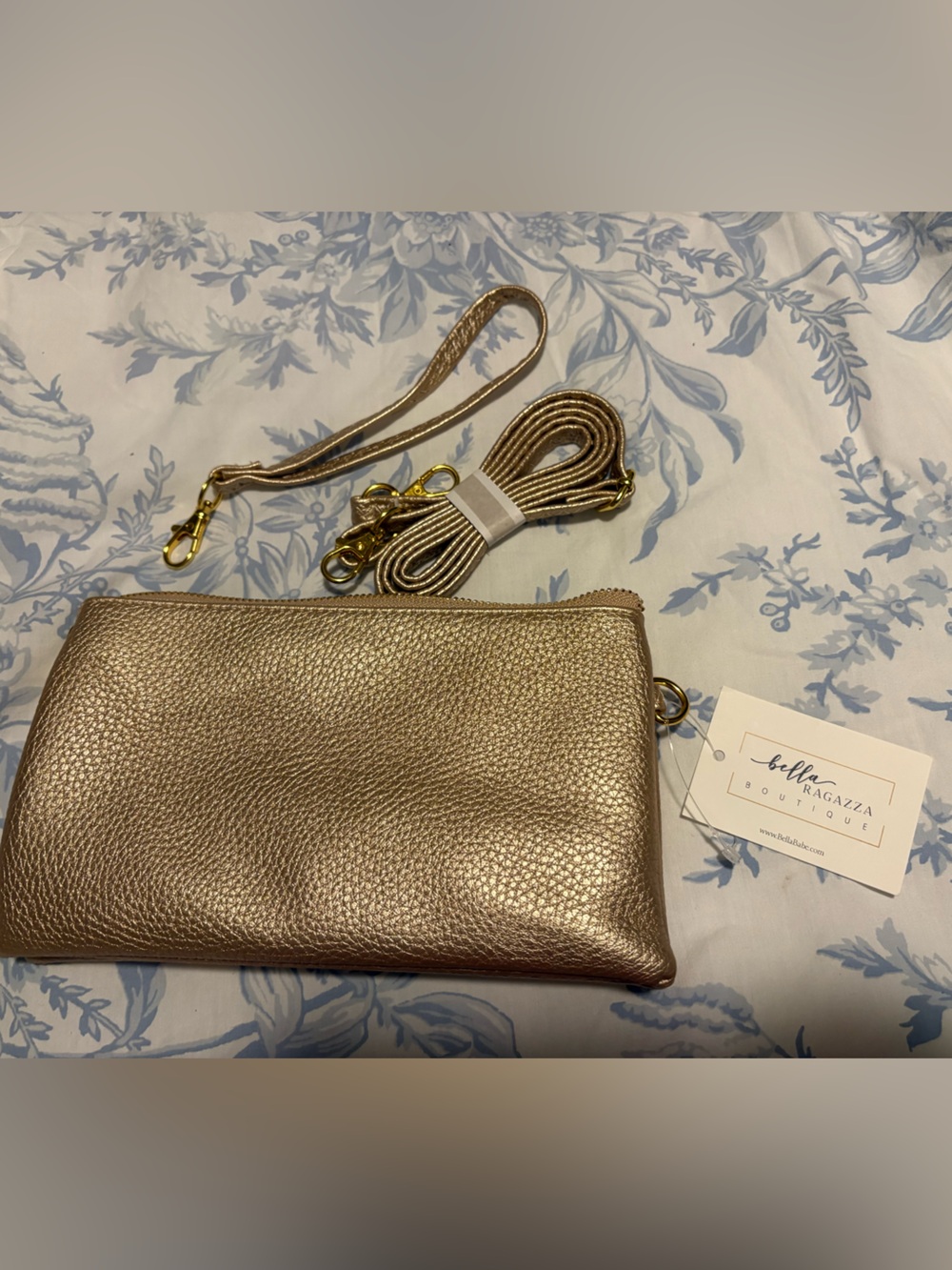 Metallic Rose Gold Pebbled Leather Wristlet with Straps for crossbody